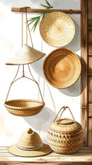 Hanging woven baskets and hats
