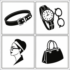A collage of four black and white silhouette icons representing fashion accessories including a belt a wristwatch a woman s profile and a handbag