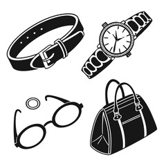 Collection of essential accessories including a black leather belt a stylish wristwatch round eyeglasses and a duffel bag all presented in a clean black and white graphic style