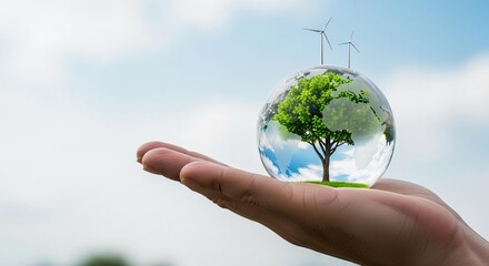 Protecting the planet, a hand holds a glass orb containing a tree and wind turbines, symbolizing renewable energy and environmental sustainability