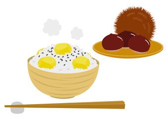 茶碗に盛られた栗ご飯と籠に盛られた栗のイラスト
