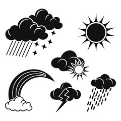 Collection of black weather icons including sun clouds rain snow lightning and rainbow on a white background