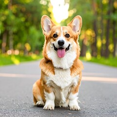 Happy corgi sitting on a road (1)