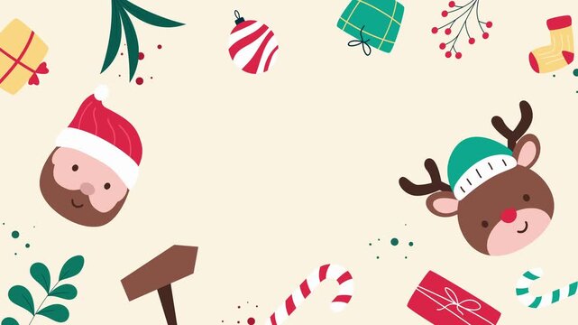 Cute flat Christmas animation featuring Santa, reindeer, and festive decorations on a beige background, perfect for holiday greetings, winter videos, or seasonal promo content.