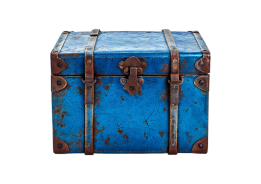Vintage Blue Metal Box with Rusted Iron Straps isolated on transparent or white background