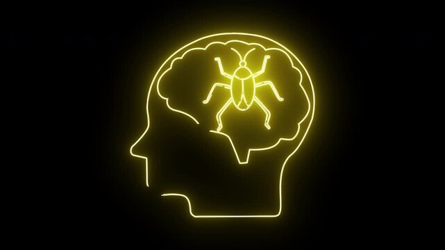 A yellow neon head outline contains a glowing beetle within its brain shaped space