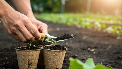 Hands planting seedlings in biodegradable pots