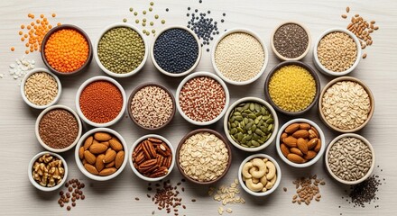 Vibrant variety of nutritious superfoods in bowls on light surface for healthy eating, wellness blogs, and recipe inspiration in eye-catching layout