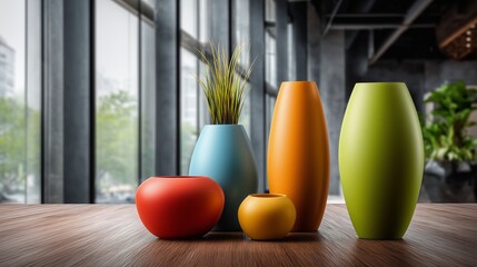 Vases on display: A captivating arrangement of vibrantly colored vases adorns a polished wooden surface, with the natural light streaming through the glass windows. This showcases artistic expression.