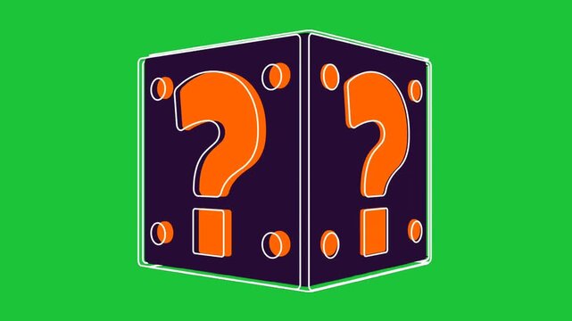 Animated question mark block on green screen. Perfect for games, puzzles, or mystery themes. Easily keyable for compositing