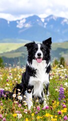 Happy dog in a vibrant mountain meadow