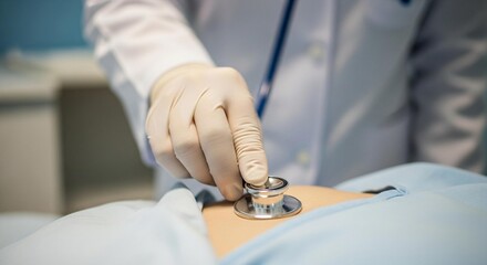 Caring doctor listens to patient's heartbeat with stethoscope in clean hospital, providing compassionate healthcare and wellness checkup for insurance