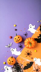 Halloween decorations on purple and orange background