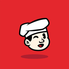 Cartoon face of a happy chef winking with a big smile. Fun and friendly mascot vector illustration on red background. Perfect for restaurant logo or culinary brand identity.