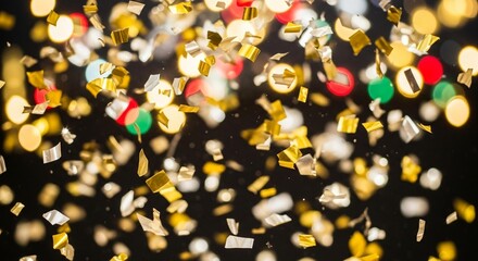 Celebrate success with vibrant golden confetti falling against a festive bokeh background, perfect for New Year's Eve, awards ceremonies, or special occasions
