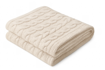 Folded knitted cream wool blanket on transparent background