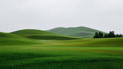 Rolling Green Hills: An expansive vista of rolling green hills unfolds under a serene, overcast sky, showcasing the natural beauty and tranquility of the countryside. 