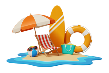 Relaxing beach scene with surfboard, chair, and umbrella for vacation