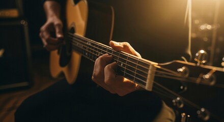Hands play acoustic guitar creating soulful music in warm light, perfect for music lessons, live performances, or recording studio promotional materials