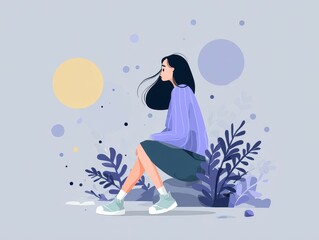 Stylish young woman sitting on a rock surrounded by plants and abstract circles in a minimalist