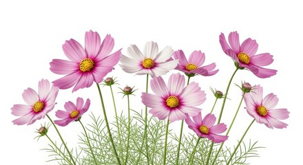 Bright and Elegant Pink and White Cosmos Flowers Illustration on White Background
