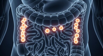 Human digestive system with highlighted polyps for medical illustration showing colon cancer awareness and prevention, a vital health education tool