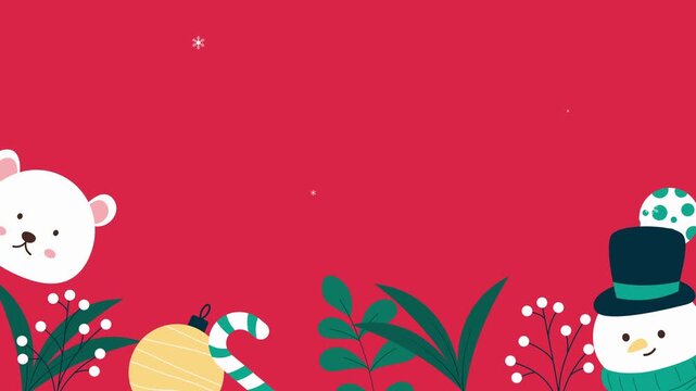 Cute flat Christmas animation with Snowman, and polar bear on a red background, perfect for festive greetings, holiday videos, or winter promotional content.