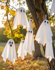 Halloween ghosts hanging from a tree