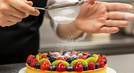Adding a final touch of sweet magic Chef gently dusts a fresh fruit tart with powdered sugar for a delectable dessert presentation