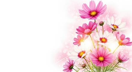 Bright and Elegant Pink and White Cosmos Flowers Illustration on White Background