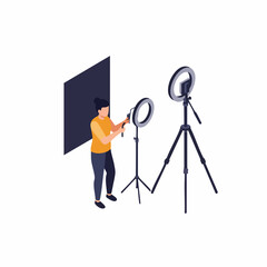 Isometric Young Woman Adjusting Light Setup for Studio Shooting Illustration