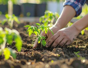 Hands planting young tomato seedlings in rich soil