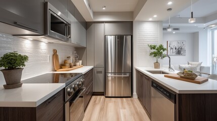 Modern Kitchen Interior: A contemporary kitchen design featuring sleek stainless steel appliances, contrasting cabinetry, and bright lighting, creating a functional and stylish culinary space.