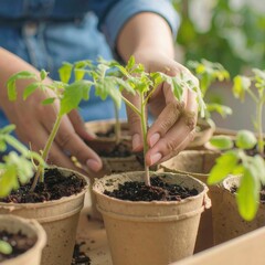 Hands planting young tomato seedlings