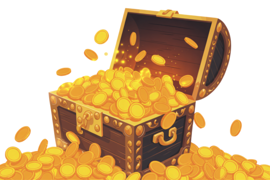 Overflowing treasure chest spilling vibrant gold coins and sparks of fortune