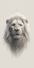 Minimalistic Illustration of a Lion Head with a Cross in the Background