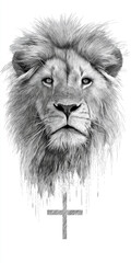 Minimalistic Illustration of a Lion Head with a Cross in the Background