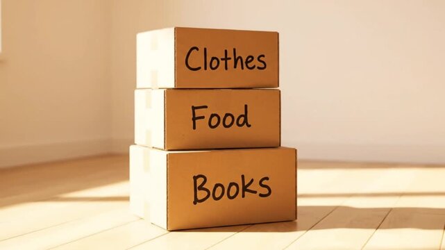 A stack of labeled cardboard donation boxes sitting on a wooden floor, filled with sorted items for a charitable contribution or a community drive