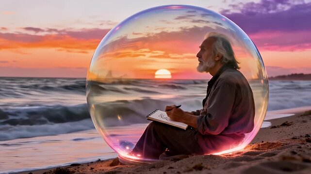 A surreal scene of an old man writing in a notebook inside a protective bubble on the beach at sunset