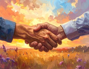 Handshake over a golden field at sunset