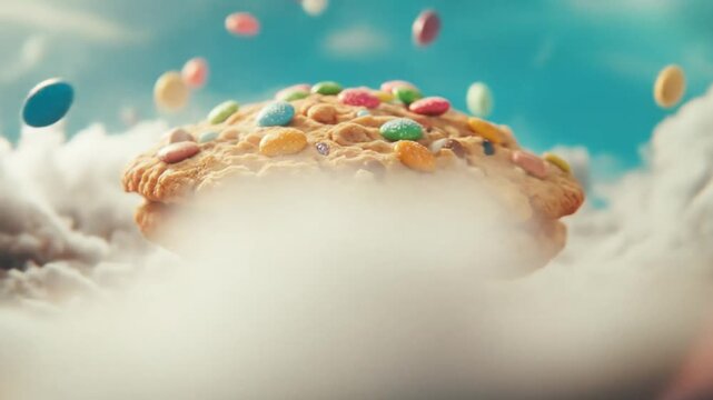 Delicious cookie with colorful candy topping floats in dreamlike sky