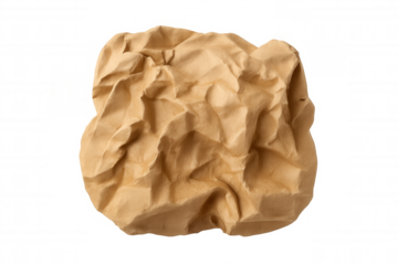 Crumpled brown paper ball texture showing waste, recycling, and environmental themes. Isolated object with a transparent background
