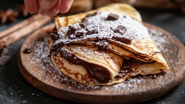 Delicious crepe with chocolate filling and powdered sugar on a wooden plate