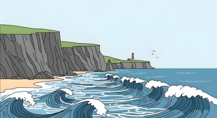 coastal cliffs ocean waves lighthouse landscape illustration