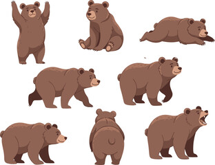 Cartoon brown bear character set, cute animal poses, walking, sitting, roaring, lying down, vector illustration for children, animation, wildlife design
