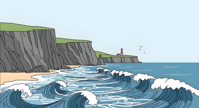 coastal cliffs ocean waves lighthouse landscape illustration