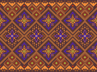“Rustic Pixel Tribal Textile Pattern in Burnt Orange and Deep Brown – Seamless Ethnic Fabric Design”