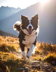 Happy Border Collie running in mountains