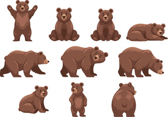 Cartoon brown bear character set, walking, sitting, standing, lying, expressive poses, forest animal, cute wildlife, vector clipart, kids illustration