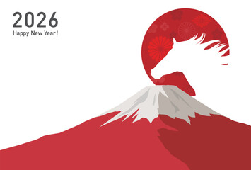 午年の年賀状テンプレート　馬と富士山と日の出